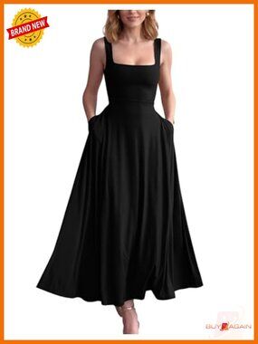 Sleeveless Square Neck A-Line Corset Maxi Dress with Pockets